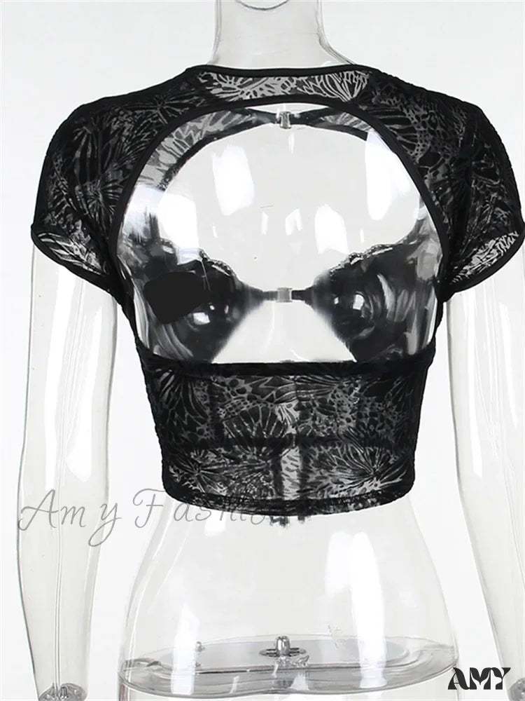 Amy Fashion - Fairycore Grunge Lace Backless Hollow Out Short Sleeve T-Shirts