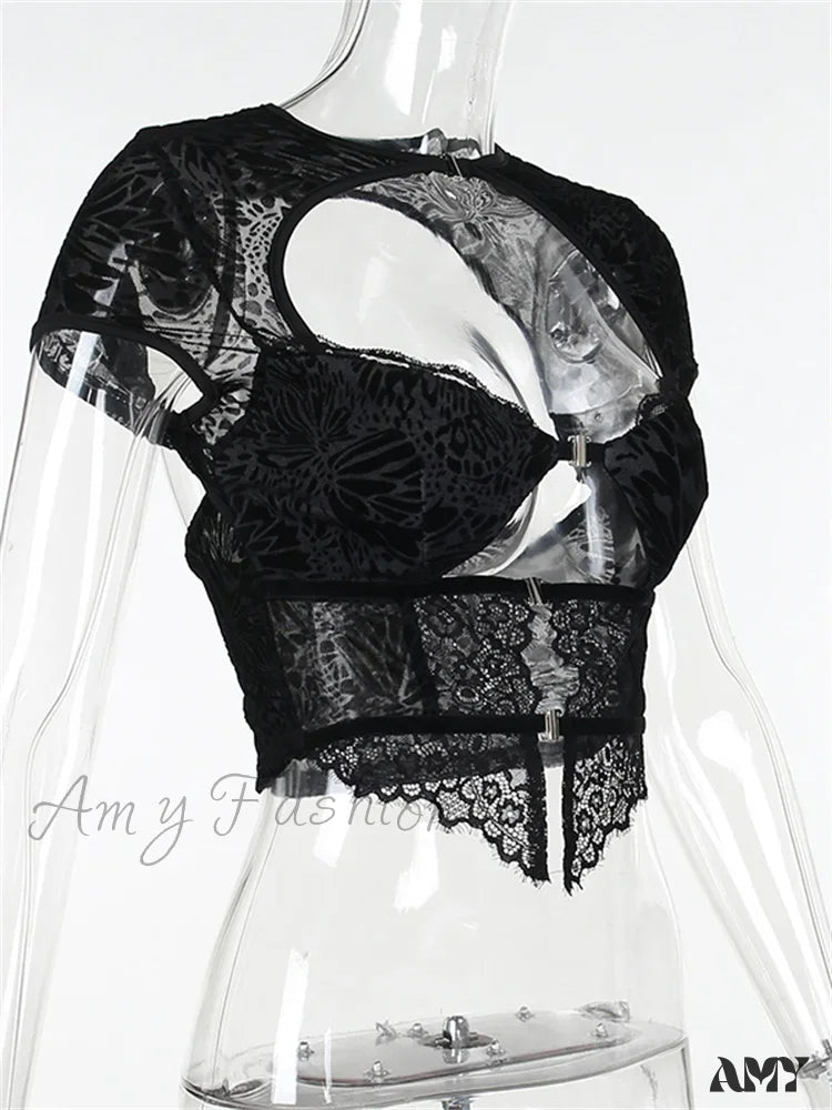 Amy Fashion - Fairycore Grunge Lace Backless Hollow Out Short Sleeve T-Shirts