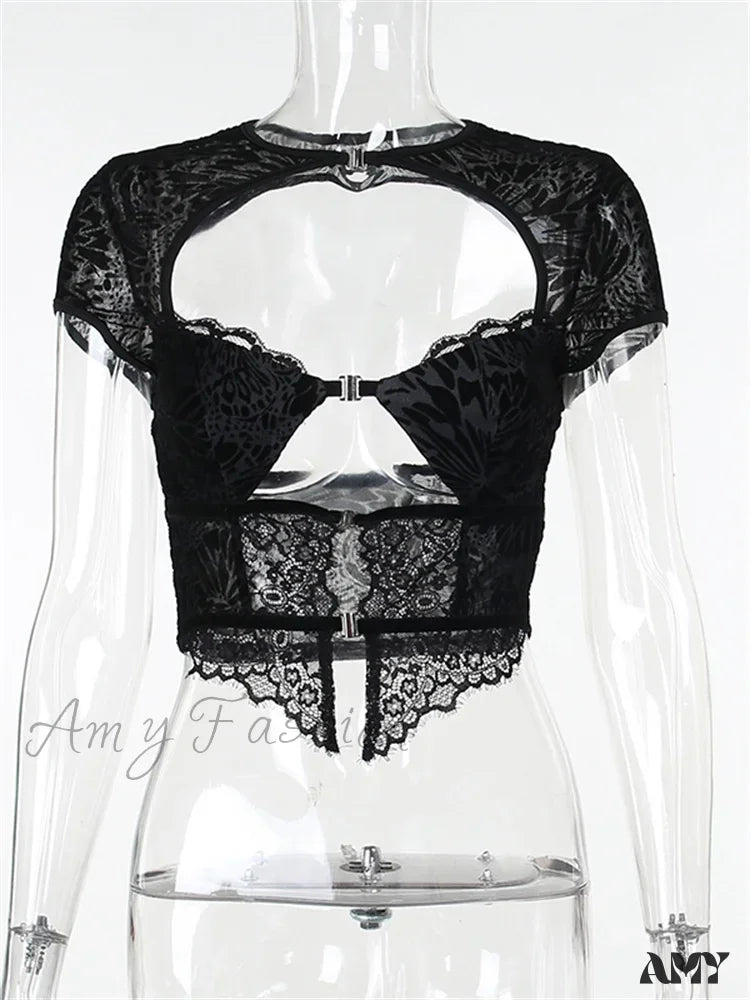 Amy Fashion - Fairycore Grunge Lace Backless Hollow Out Short Sleeve T-Shirts