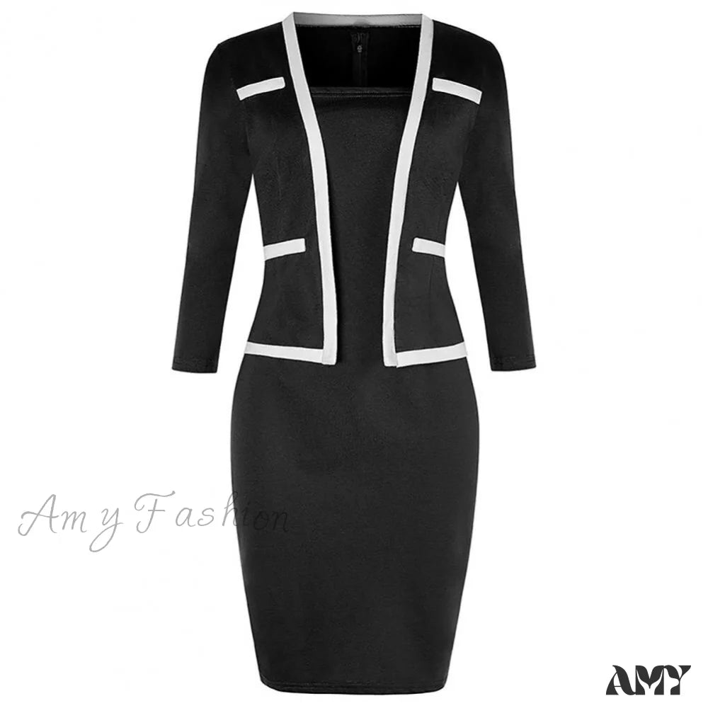 Amy Fashion - Fake Two Piece Sheath Dress Uniform Black / M