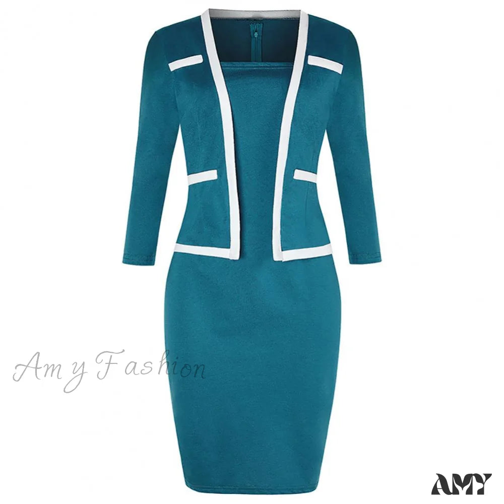 Amy Fashion - Fake Two Piece Sheath Dress Uniform Blue / M