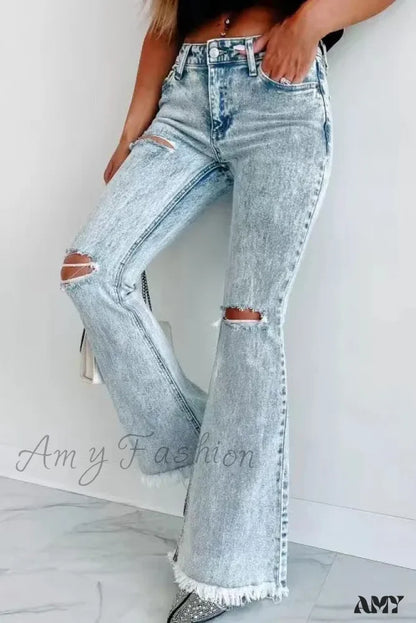 Amy Fashion - Fall Blue Ripped High Waisted Casual Baggy Denim Street Fashionable Jean