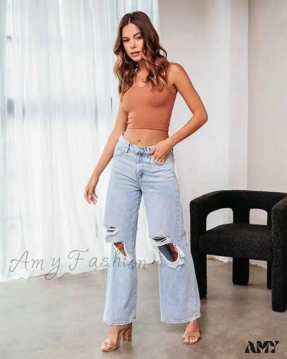 Amy Fashion - Fall High Waist Ripped New Blue Streetwear Casual Wide Leg Baggy Trendy Fashionable