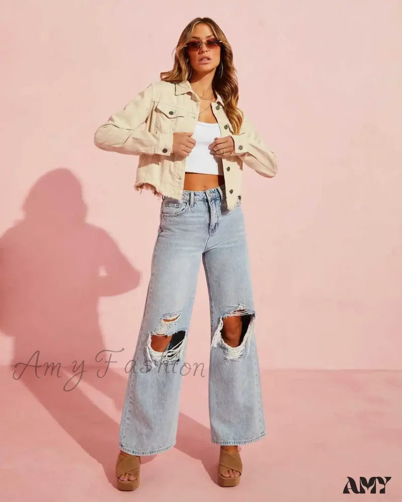 Amy Fashion - Fall High Waist Ripped New Blue Streetwear Casual Wide Leg Baggy Trendy Fashionable