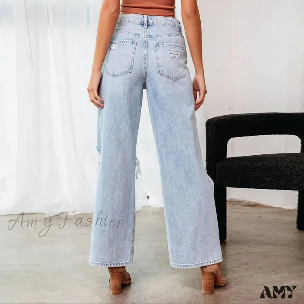 Amy Fashion - Fall High Waist Ripped New Blue Streetwear Casual Wide Leg Baggy Trendy Fashionable