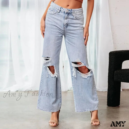 Amy Fashion - Fall High Waist Ripped New Blue Streetwear Casual Wide Leg Baggy Trendy Fashionable