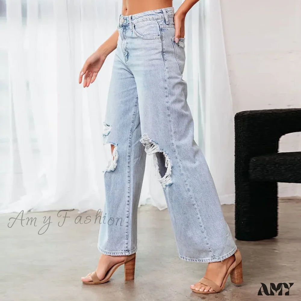 Amy Fashion - Fall High Waist Ripped New Blue Streetwear Casual Wide Leg Baggy Trendy Fashionable