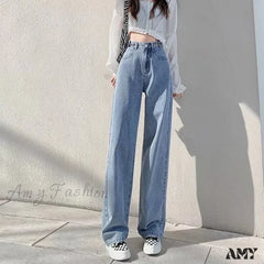 Amy Fashion - Fashionable Blue Vintage Quality High-Waisted Denim Straight Casual Floor Length Jean