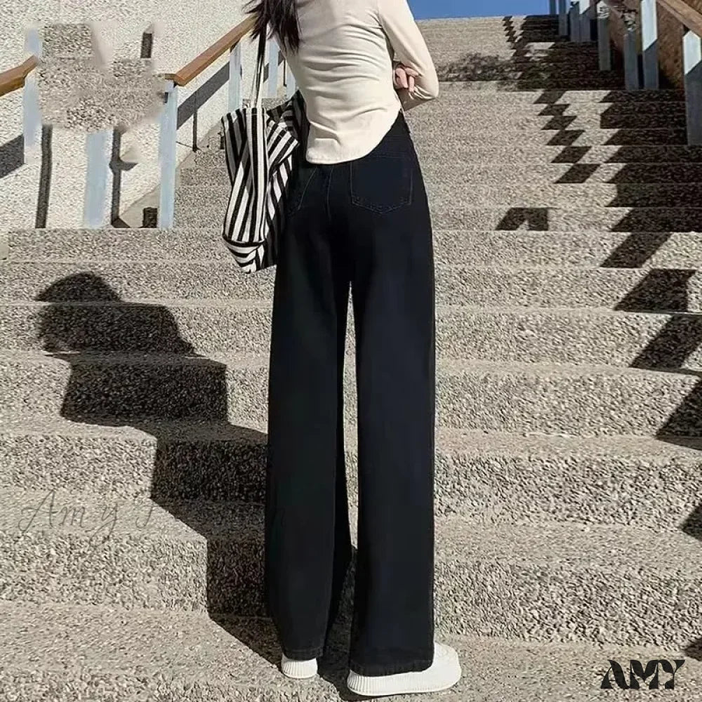 Amy Fashion - Fashionable Blue Vintage Quality High-Waisted Denim Straight Casual Floor Length Jean