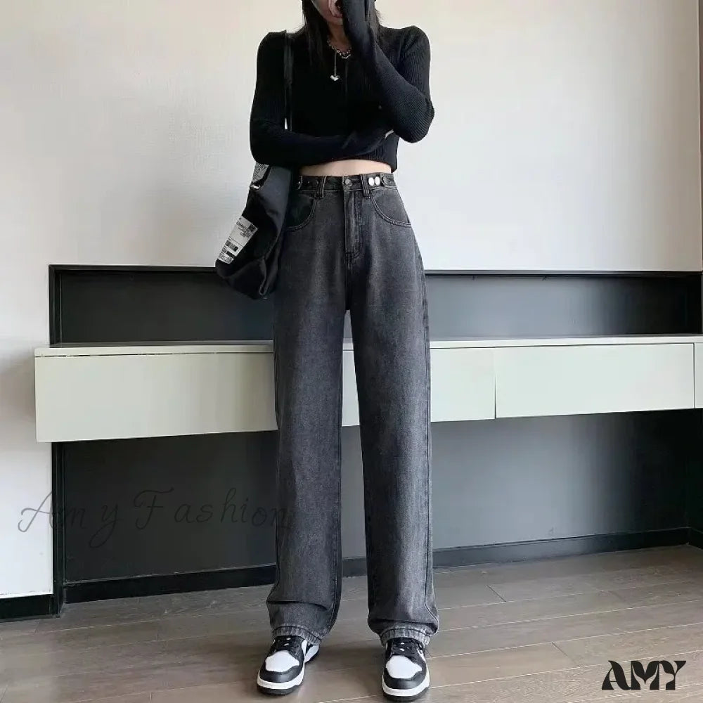 Amy Fashion - Fashionable Blue Vintage Quality High-Waisted Denim Straight Casual Floor Length Jean
