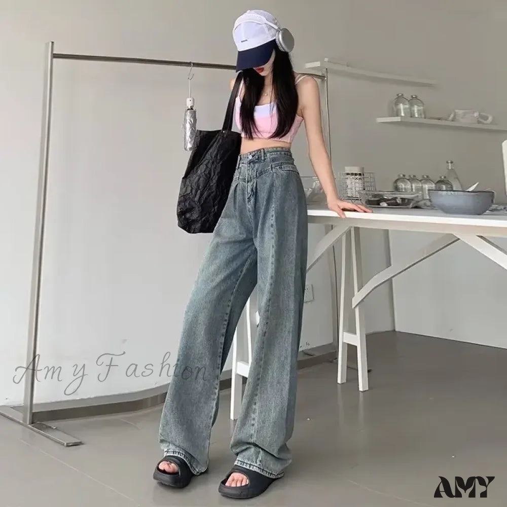 Amy Fashion - Fashionable Minimalist Lazy Wide Legged Harajuku Trendy Natural Waist Jean