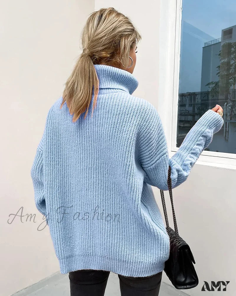 Amy Fashion - Fashionme Chic Ballon Sleeve Winter Turtleneck Chunky Sweater