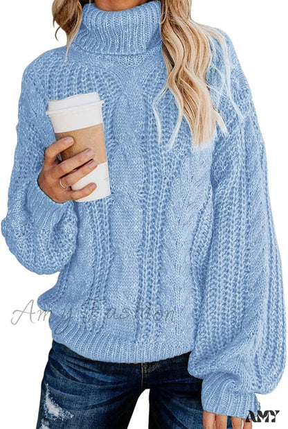 Amy Fashion - Fashionme Chic Ballon Sleeve Winter Turtleneck Chunky Sweater