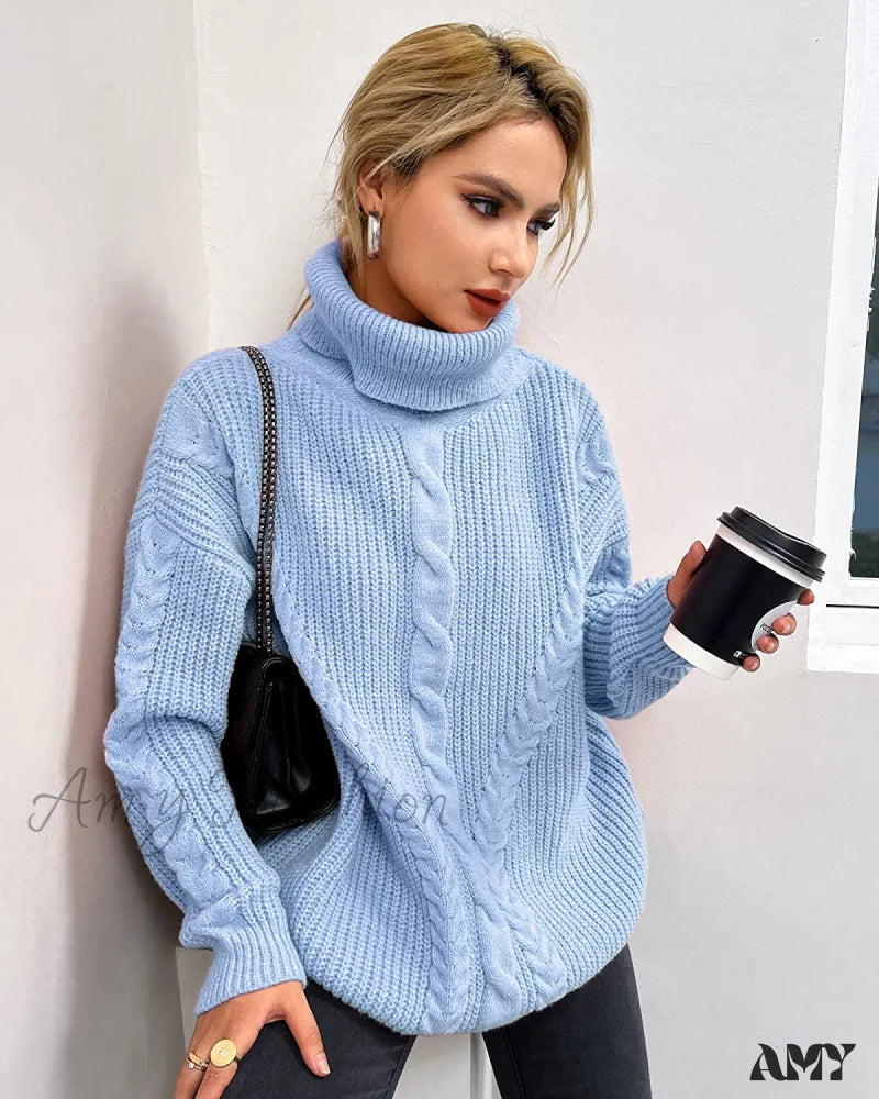 Amy Fashion - Fashionme Chic Ballon Sleeve Winter Turtleneck Chunky Sweater