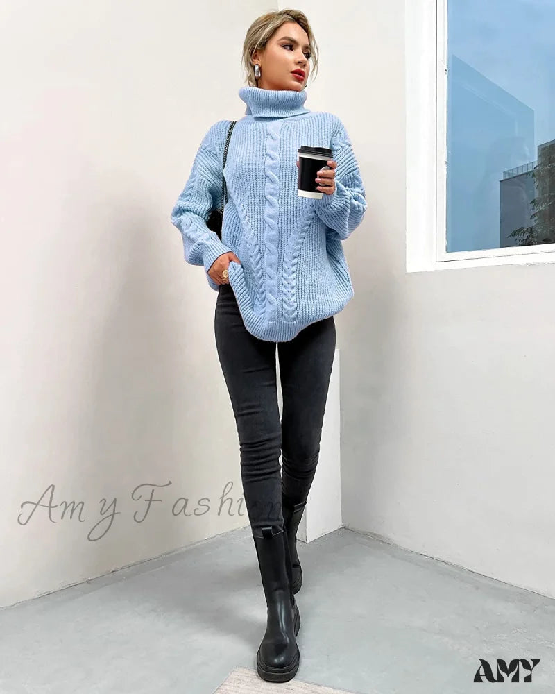 Amy Fashion - Fashionme Chic Ballon Sleeve Winter Turtleneck Chunky Sweater