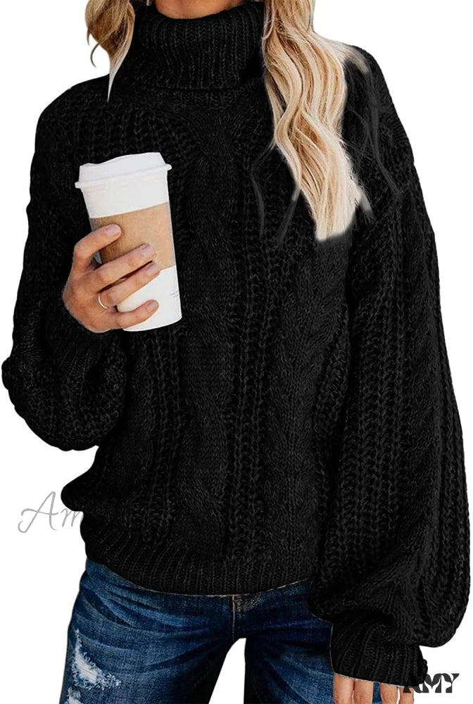 Amy Fashion - Fashionme Chic Ballon Sleeve Winter Turtleneck Chunky Sweater Black / Large