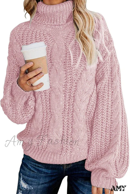 Amy Fashion - Fashionme Chic Ballon Sleeve Winter Turtleneck Chunky Sweater Dusty Pink / Medium