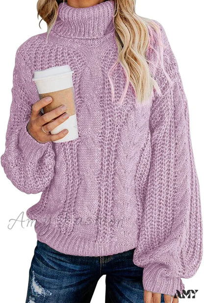 Amy Fashion - Fashionme Chic Ballon Sleeve Winter Turtleneck Chunky Sweater Dusty Purple / Small