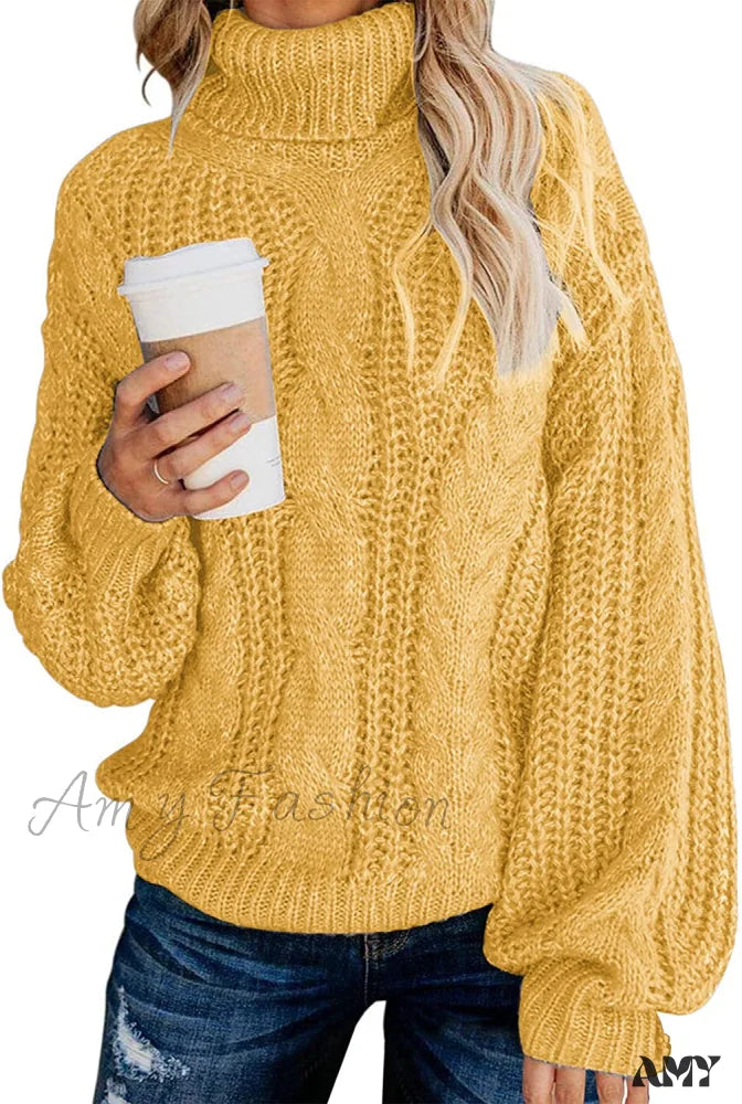 Amy Fashion - Fashionme Chic Ballon Sleeve Winter Turtleneck Chunky Sweater Turmeric Yellow / Large