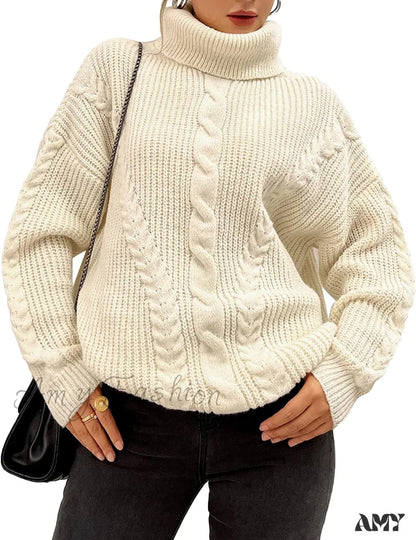 Amy Fashion - Fashionme Chic Ballon Sleeve Winter Turtleneck Chunky Sweater White / Large