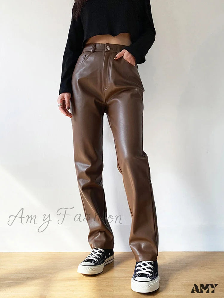 Amy Fashion - Faux Leather Wide Leg Pants Auburn / S