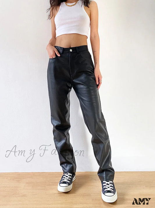 Amy Fashion - Faux Leather Wide Leg Pants Black / S