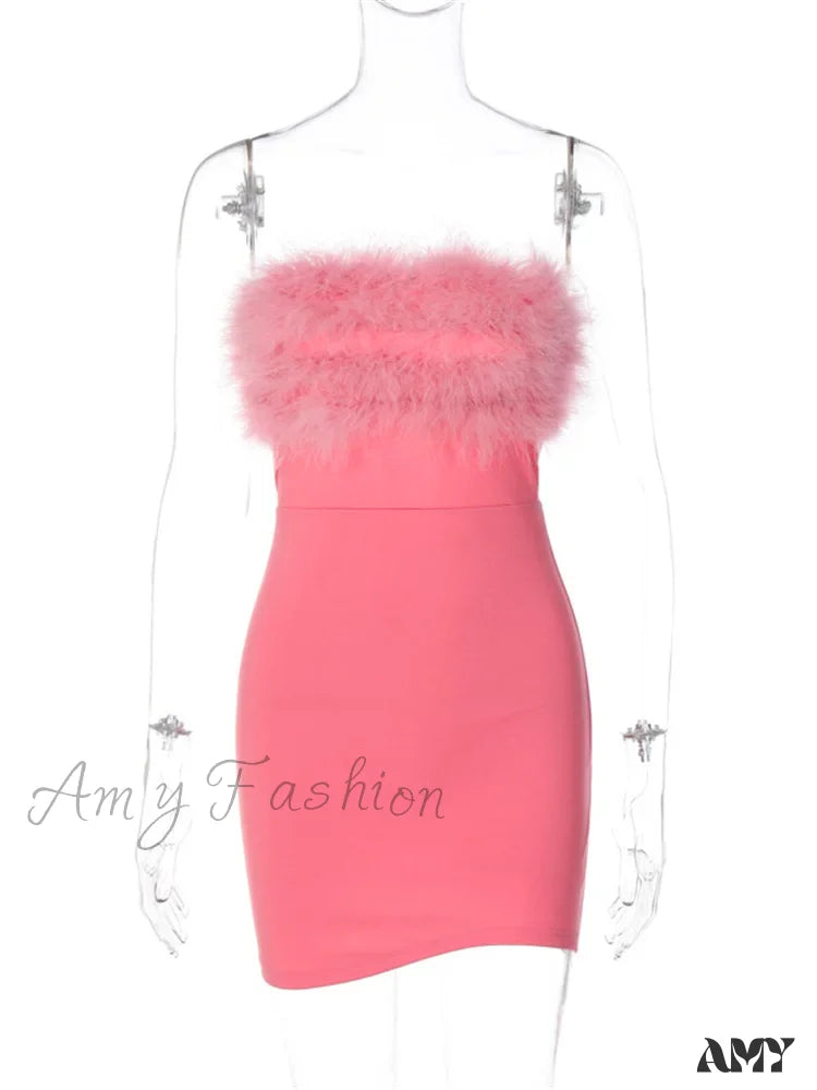 Amy Fashion - Feather Patchwork Tube Summer Party Clubwear Sexy Mini Dress