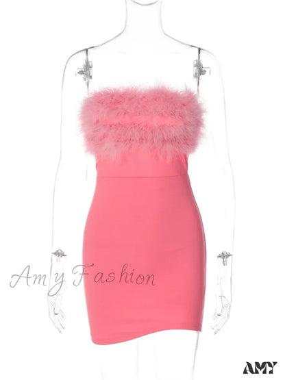 Amy Fashion - Feather Patchwork Tube Summer Party Clubwear Sexy Mini Dress