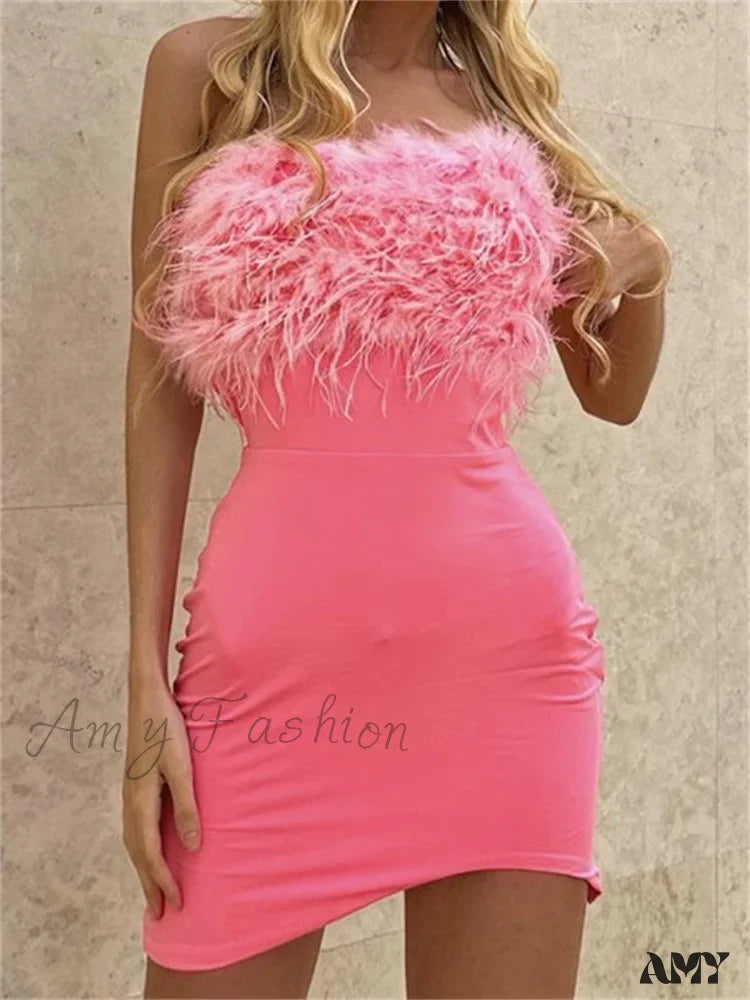 Amy Fashion - Feather Patchwork Tube Summer Party Clubwear Sexy Mini Dress