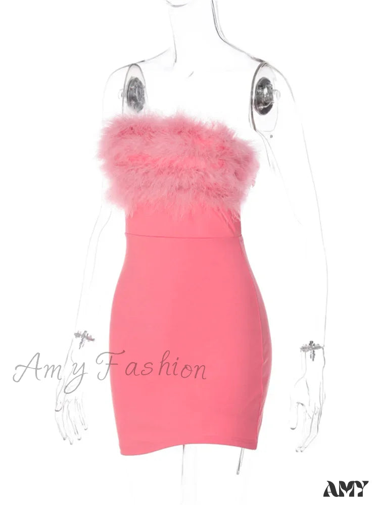 Amy Fashion - Feather Patchwork Tube Summer Party Clubwear Sexy Mini Dress