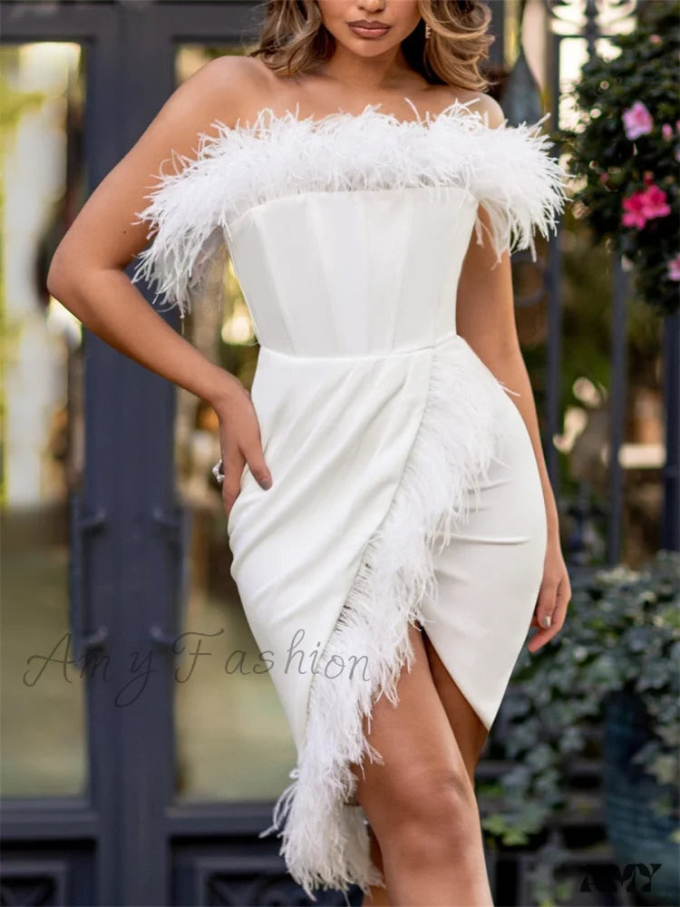 Amy Fashion - Feathers Off-Shoulder Tube Top Bodycon Dress