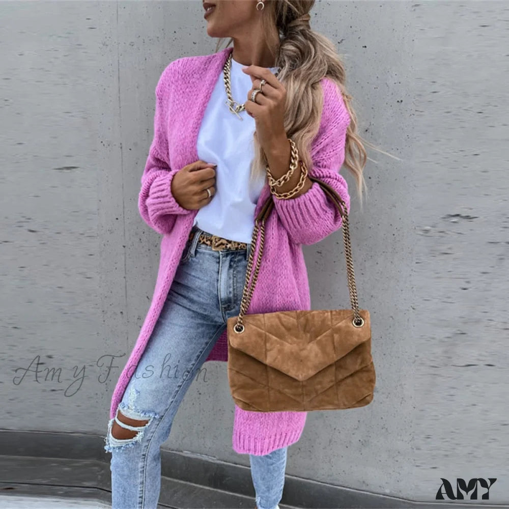 Amy Fashion - Female Elegant Simple Basic Soft Winter Long Sleeve Cardigan 01 Pink / S