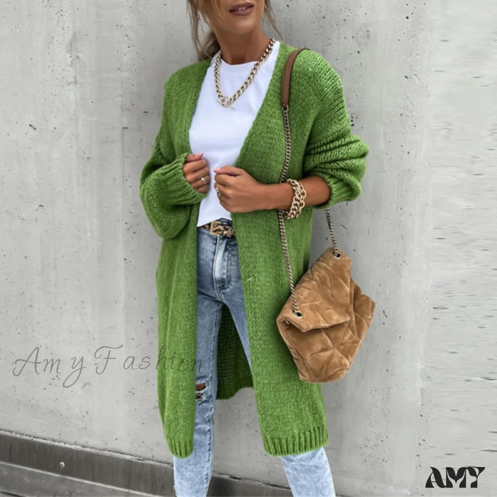 Amy Fashion - Female Elegant Simple Basic Soft Winter Long Sleeve Cardigan 02 Green / S