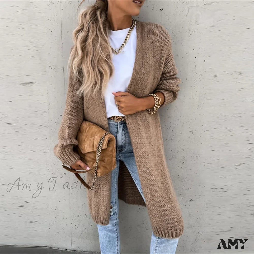 Amy Fashion - Female Elegant Simple Basic Soft Winter Long Sleeve Cardigan 04 Khaki / S