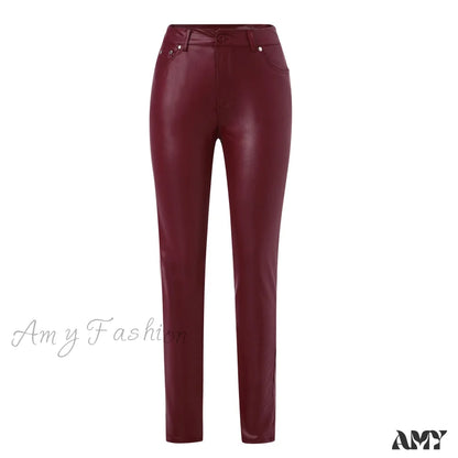 Amy Fashion - Female Leather Leggings Pants Burgundy / Xs