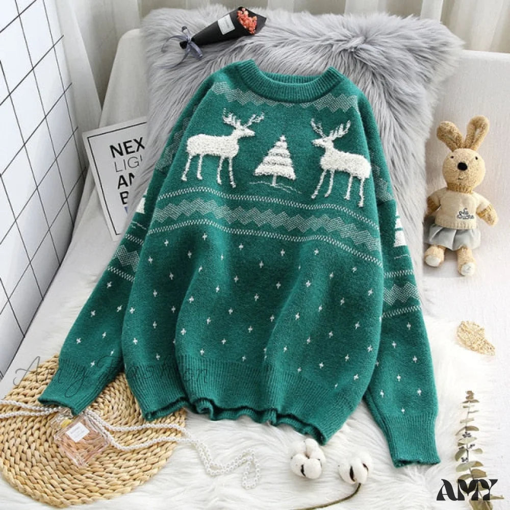 Amy Fashion - Female Loose Outwear Thickened Knitted Sweater Green / One Size