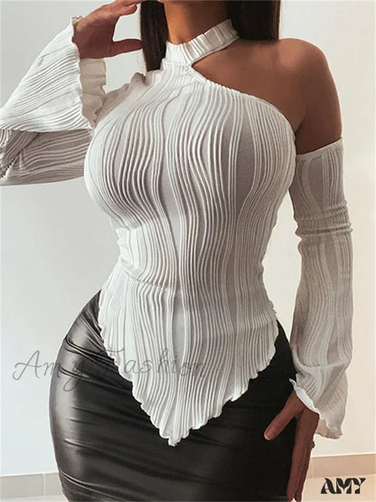 Amy Fashion - Flare Long Sleeve Ruched High Neck Off Shoulder Irregular Hem T-Shirts