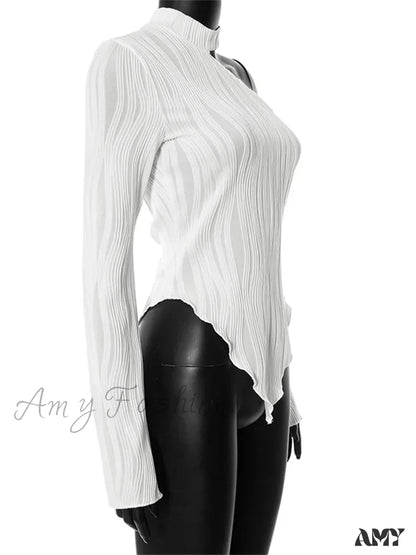 Amy Fashion - Flare Long Sleeve Ruched High Neck Off Shoulder Irregular Hem T-Shirts