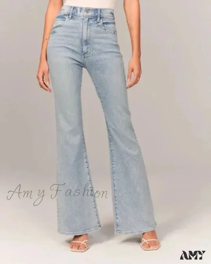 Amy Fashion - Flare Vintage Ladies Stretch Pocket Plus Size Wide Denim Jean Light Blue / S