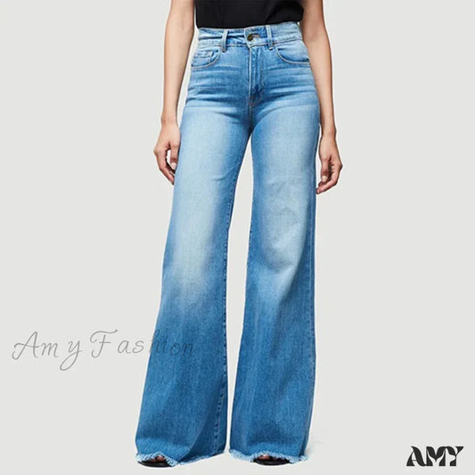 Amy Fashion - Flare Women High Waist Slim Vintage Streetwear Stretch Casual Full Length Loose Wide