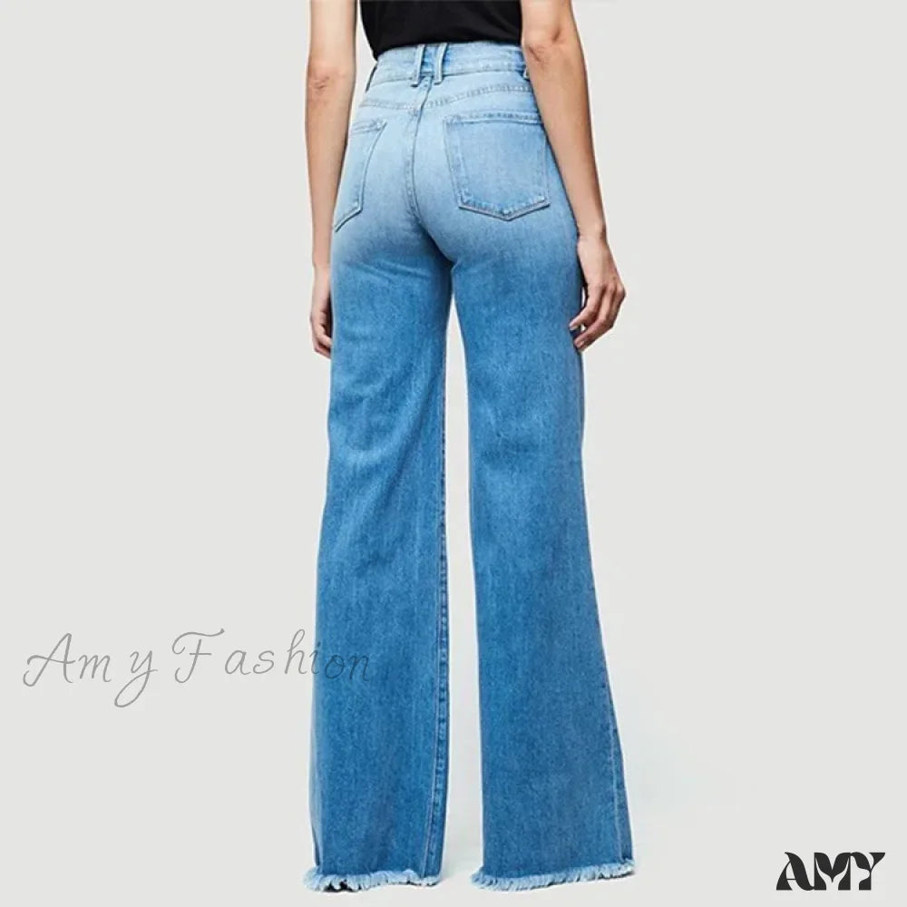 Amy Fashion - Flare Women High Waist Slim Vintage Streetwear Stretch Casual Full Length Loose Wide