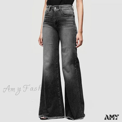 Amy Fashion - Flare Women High Waist Slim Vintage Streetwear Stretch Casual Full Length Loose Wide