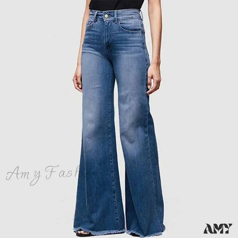 Amy Fashion - Flare Women High Waist Slim Vintage Streetwear Stretch Casual Full Length Loose Wide