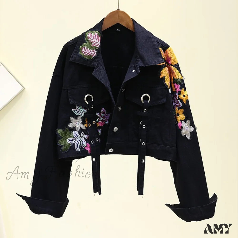 Amy Fashion - Floral Denim Embroidery Sequined Jacket