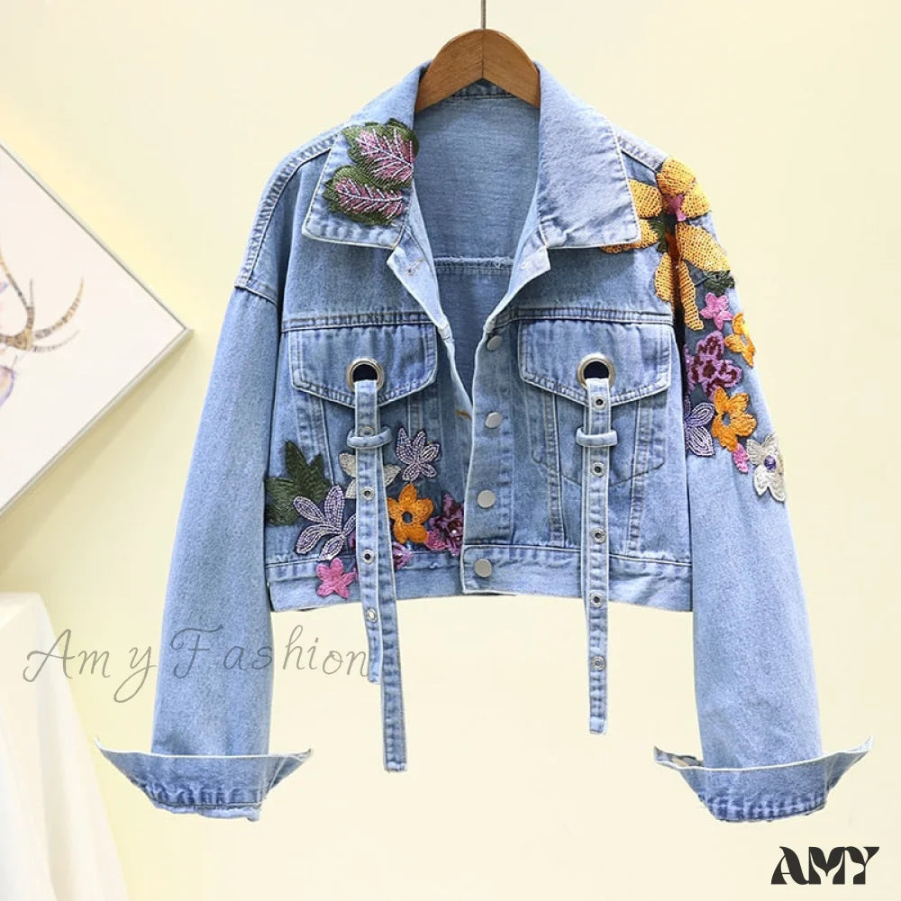 Amy Fashion - Floral Denim Embroidery Sequined Jacket