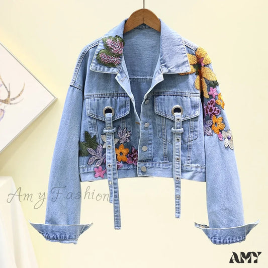 Amy Fashion - Floral Denim Embroidery Sequined Jacket