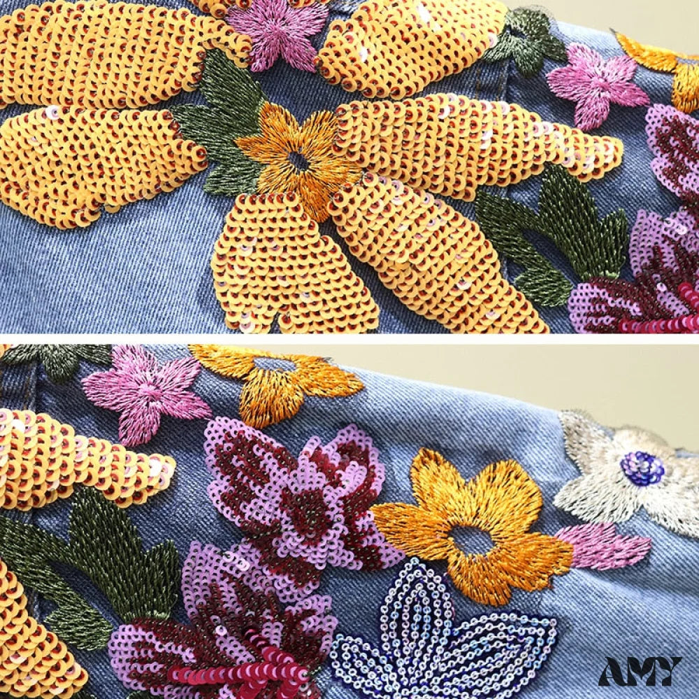 Amy Fashion - Floral Denim Embroidery Sequined Jacket