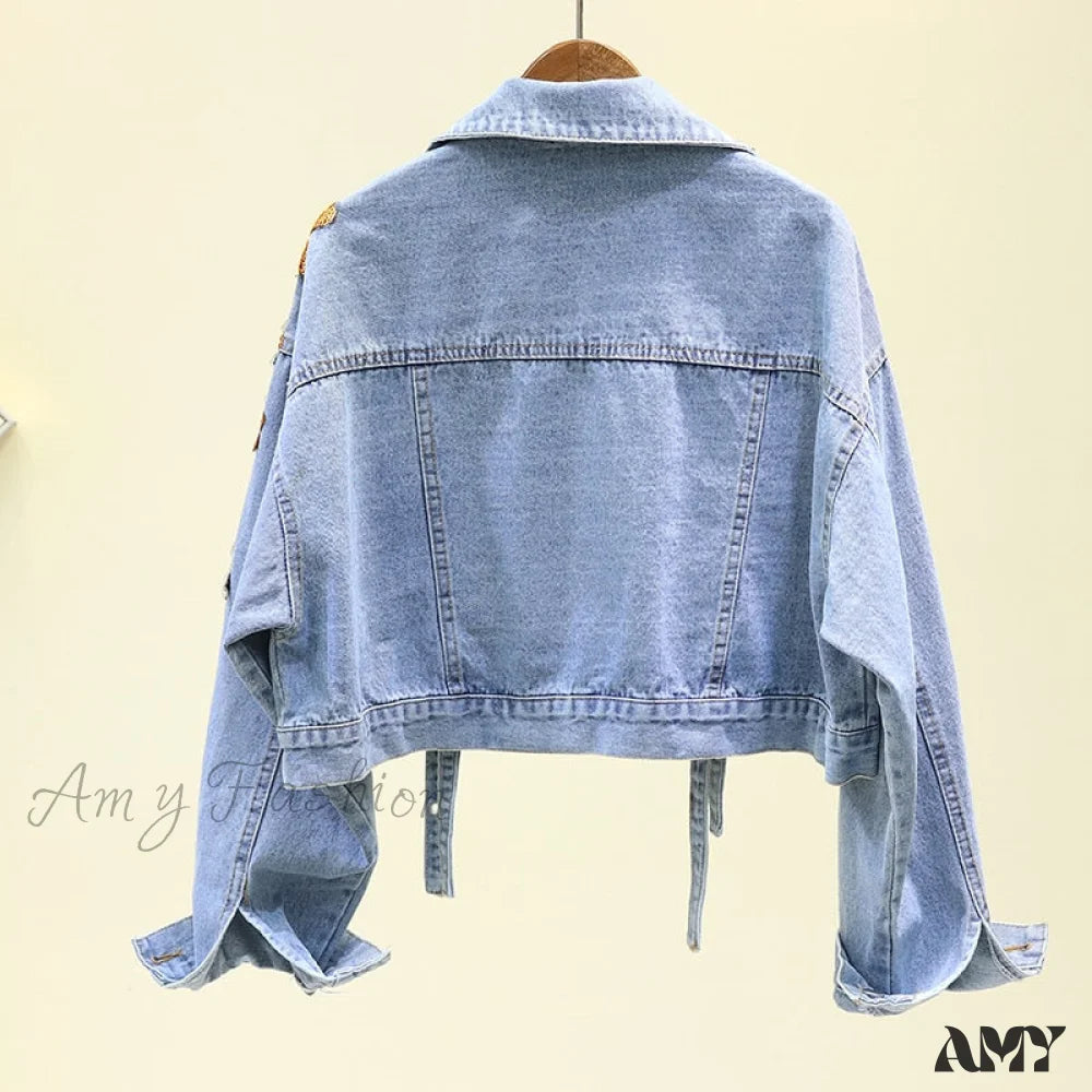 Amy Fashion - Floral Denim Embroidery Sequined Jacket