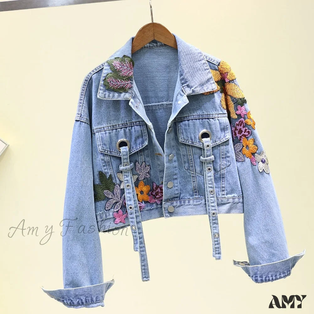 Amy Fashion - Floral Denim Embroidery Sequined Jacket