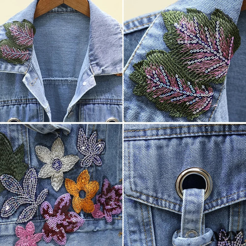 Amy Fashion - Floral Denim Embroidery Sequined Jacket